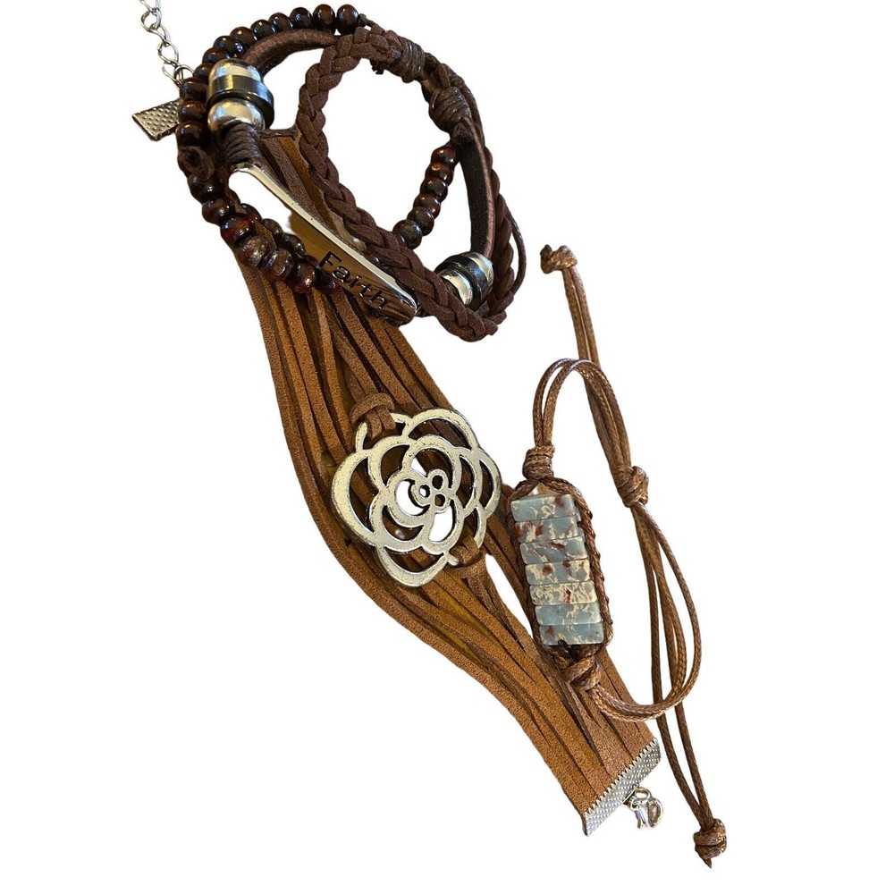 3 Bracelets 1 Leather Strands with Flower 2 Pull Strings Stone Beaded with FAITH